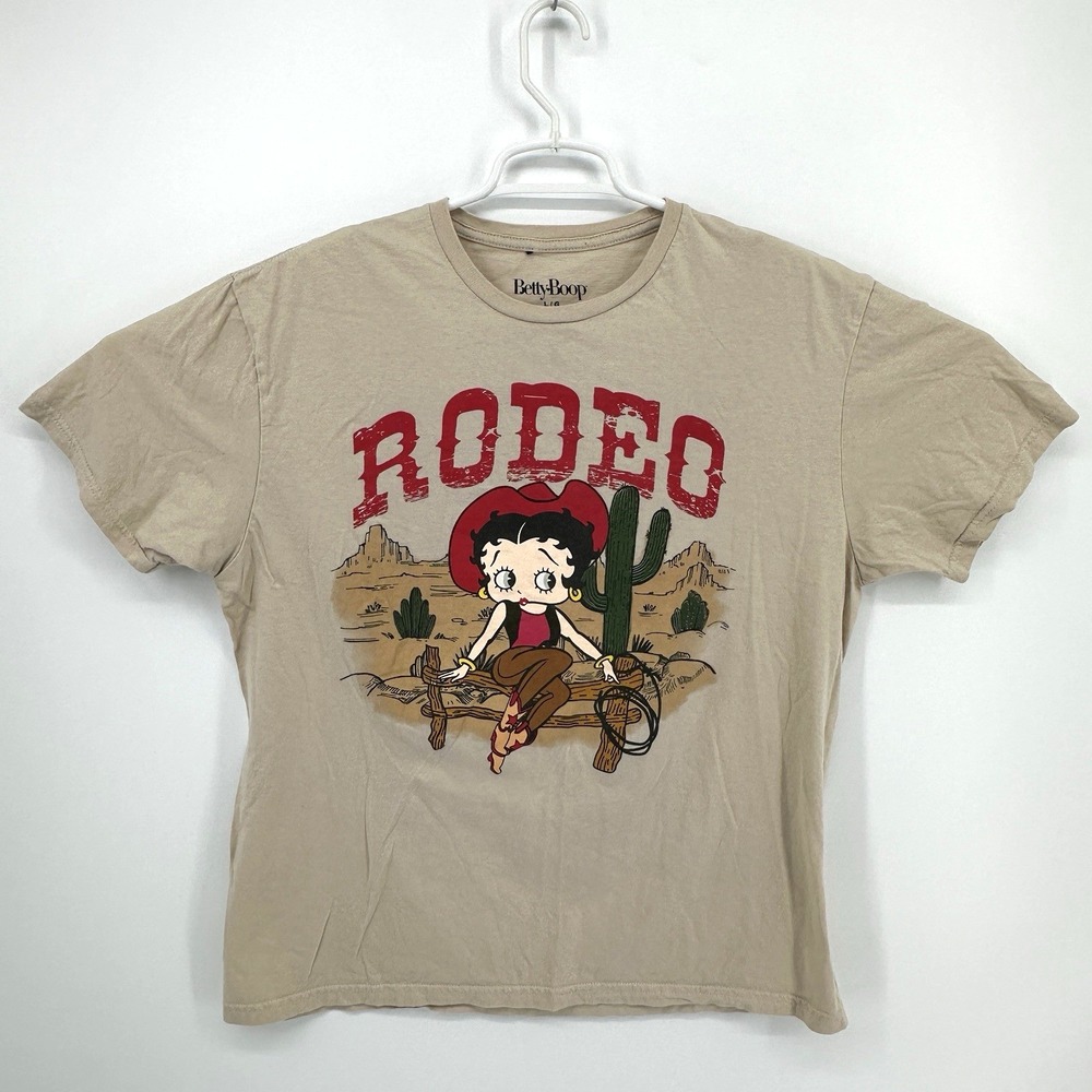 Betty Boop Graphic Tee T-Shirt Rodeo Beige Size L Western Cowboy Rodeo